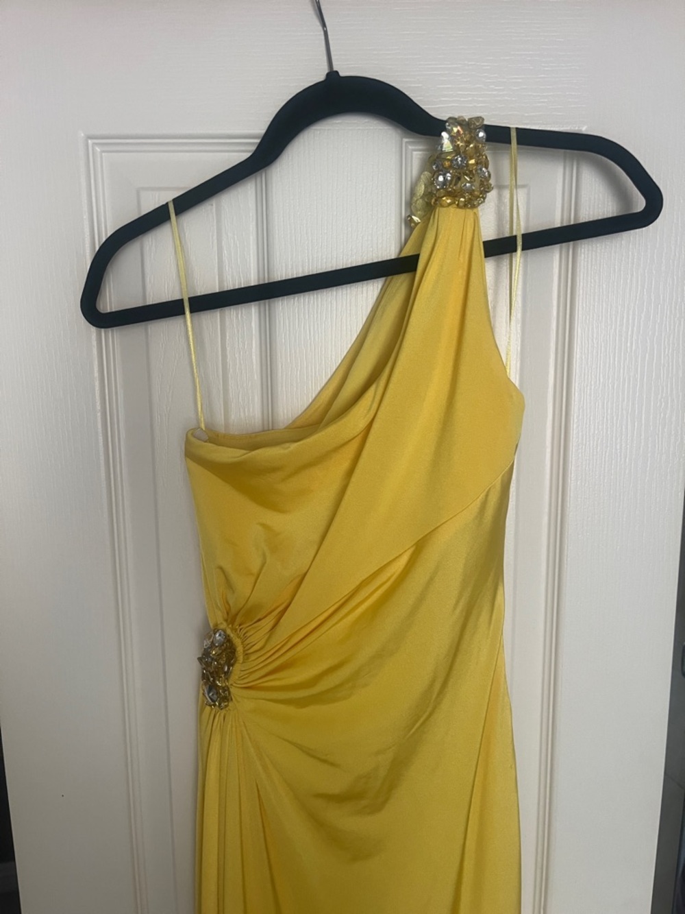 La Femme Yellow One-Shoulder Evening Gown with Crystal Embellishments